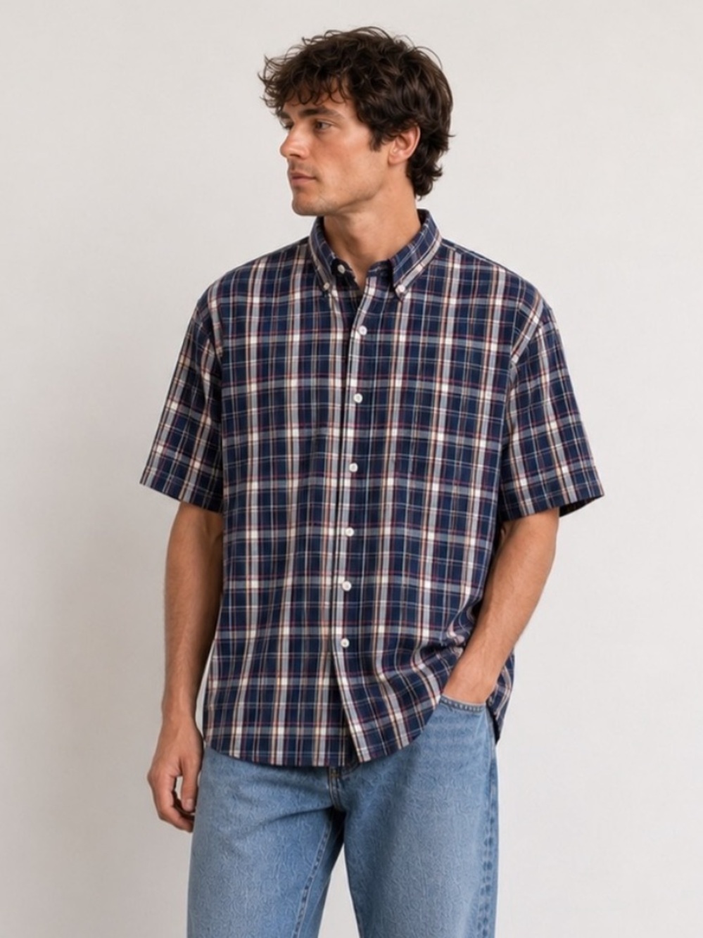 Joseph & Feiss Navy Multi-Colour Plaid Short Sleeve Button-Up Shirt Men’s XL